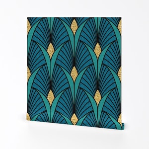 Peacock Jewels Removable Peel and Stick Wallpaper - Bright Blue Scallops Fans Jewel Tones - Wall Art Wall Decor - Art Deco by emikundesigns