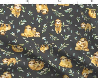 Sloth Fabric - Sloths Hangin On, Dark Smokey Gray – Animal Family Rainforest Children's Bedding Baby Boy Nursery, Large Scale By Gingerlous