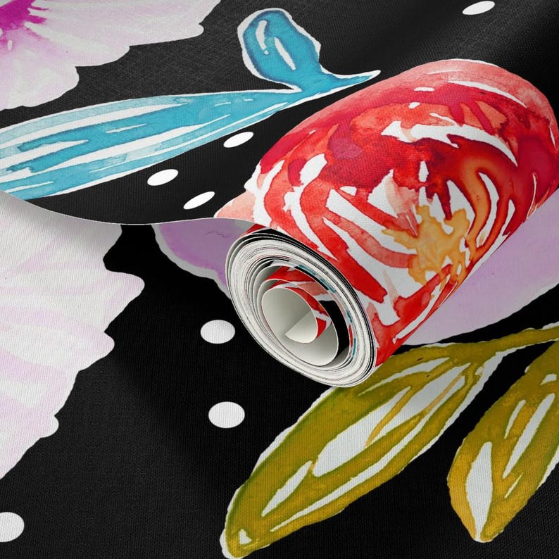 Large Scale Floral Fabric - Poppy Bloom Black By Indybloomdesign - Bright Pink Floral Removable Self Adhesive Wallpaper Roll by Spoonflower image 3