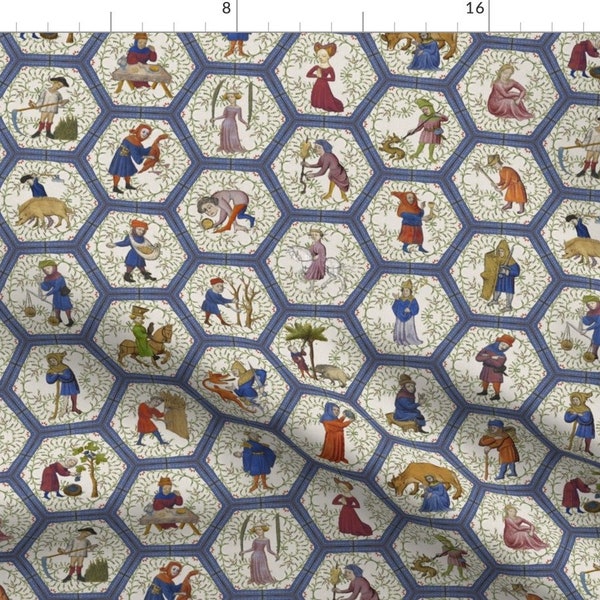 Medieval Fabric - Medieval People - Blue Frame By Ameliae - Medieval People Hexagon Geometric Cotton Fabric By The Yard With Spoonflower