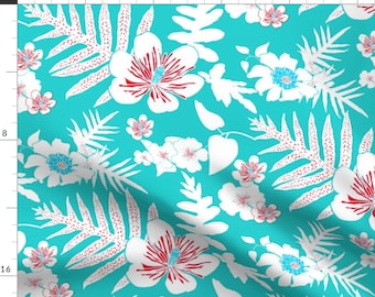 Aloha Shirt Style Fabric - Turquoise Bold Fern Floral 150 By Kadyson - Hawaiian Hibiscus Bright Cotton Fabric By The Yard With Spoonflower