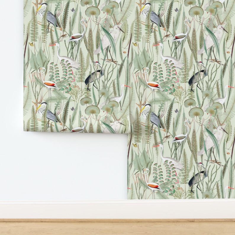 Coastal Wallpaper - Herons In Marsh By Down River Homegoods - Light Green Swamp Bird Removable Self Adhesive Wallpaper Roll by Spoonflower image 4