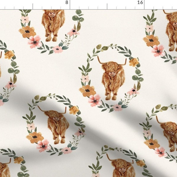 Highland Cow Fabric - Highland Cow Wreath by cateandrainn - Farmhouse Floral Wreath Fall Floral Cow Floral Fabric by the Yard by Spoonflower