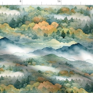 Mountain Landscape Fabric - Smokey Mountains by loveandwishes - Watercolor Nature Smoky Mountains Trees Fabric by the Yard by Spoonflower