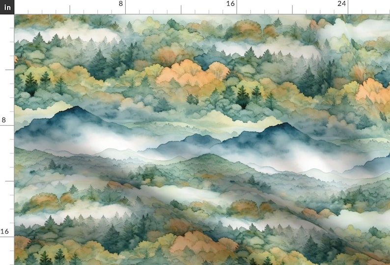 Mountain Landscape Fabric - Smokey Mountains by cozycharmco - Watercolor Nature Smoky Mountains Trees Fall Fabric by the Yard by Spoonflower image 1