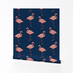 Flamingo Wallpaper - Flamingos On Navy By Willowlanetextiles - Flamingo Custom Printed Removable Self Adhesive Wallpaper Roll by Spoonflower image 2