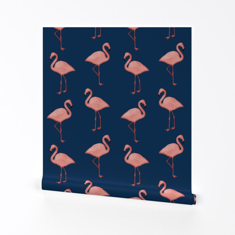 Flamingo Wallpaper - Flamingos On Navy By Willowlanetextiles - Flamingo Custom Printed Removable Self Adhesive Wallpaper Roll by Spoonflower image 2