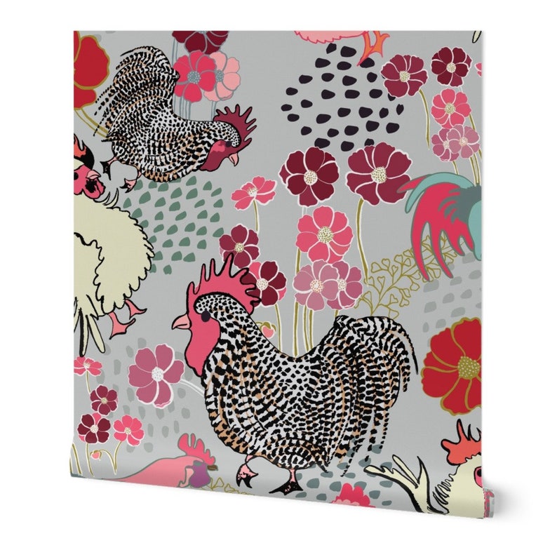 Barnyard Wallpaper Rooster Parade by Limezinniasdesign - Etsy