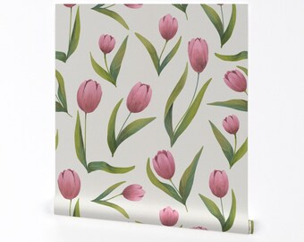 Papier peint floral printanier - Tulipes dansantes par catherold - Papier peint autocollant amovible aquarelle tulipes botaniques par Spoonflower