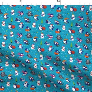 Snow Fabric - Penguin Holidays By Penguinhouse - Snow Penguins Snowman Winter Trees Blue Holiday Cotton Fabric By The Yard With Spoonflower