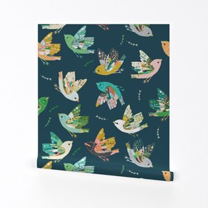Bird Wallpaper - Ambrosia Folk Birds (Midnight) By Nouveau Bohemian - Custom Printed Removable Self Adhesive Wallpaper Roll by Spoonflower