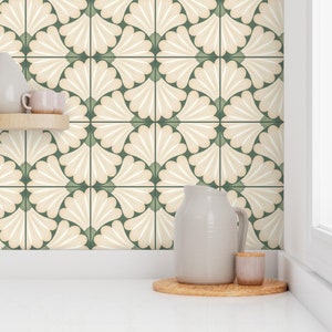 Sage Green Tiles Wallpaper - Warm Green Floral Tiles by sanne_paul - Geometric Floral Removable Peel and Stick Wallpaper by Spoonflower