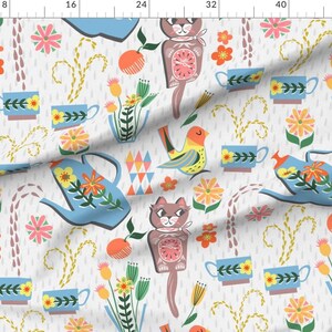 Vintage Kitsch Fabric - Coffee Break by landmink - Retro Cat Clock Teapot Coffee Mid Century 60s Kitchen Fabric by the Yard by Spoonflower image 2
