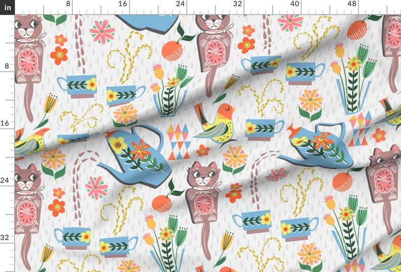 Vintage Kitsch Fabric - Coffee Break by landmink - Retro Cat Clock Teapot Coffee Mid Century 60s Kitchen Fabric by the Yard by Spoonflower image 2
