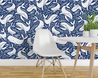 Nautical Wallpaper - Whales No 2. - Navy By Kathubbs - Nautical Nursery Custom Printed Removable Self Adhesive Wallpaper Roll by Spoonflower