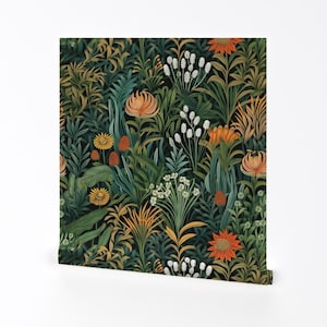 Green Floral Removable Peel and Stick Wallpaper - Orange Thistle Floral  - Wall Art Wall Decor - Deco Wildflowers by seamless_surface_design