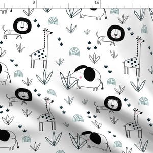 May include: Black and white seamless pattern featuring a giraffe, lion, elephant, and foliage on a white background.