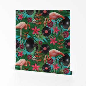 Tropical Music Wallpaper - Flamingos On Teal By Kociara- Flamingo Music Custom Printed Removable Self Adhesive Wallpaper Roll by Spoonflower