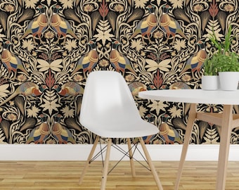 Pheasants Peel and Stick Wallpaper - Birds Botanical Floral Wildlife Black Cream - Removable Wall Decor Art - Pheasants by boszorka