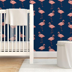 Flamingo Wallpaper - Flamingos On Navy By Willowlanetextiles - Flamingo Custom Printed Removable Self Adhesive Wallpaper Roll by Spoonflower image 6