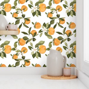 Orange Fruit Wallpaper - Orange Blossom 2 By Mintpeony -Fruit Kitchen Custom Printed Removable Self Adhesive Wallpaper Roll by Spoonflower