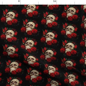 Skull Roses Fabric - Skull And Roses By Cynetik - Skull Spooky Skeletons Red White Roses Cotton Fabric By The Yard With Spoonflower