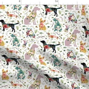 Dogs Floral Pets Fabric - 8&quot; Patchwork Dogs By Shopcabin - Dog Breeds Floral Pink Black Cotton Fabric By The Yard With Spoonflower