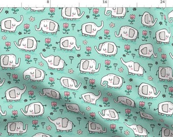 Sleepy Elephants Fabric - Elephants With Flowers On Mint Green By Caja Design - Elephants Blue Cotton Fabric By The Yard With Spoonflower