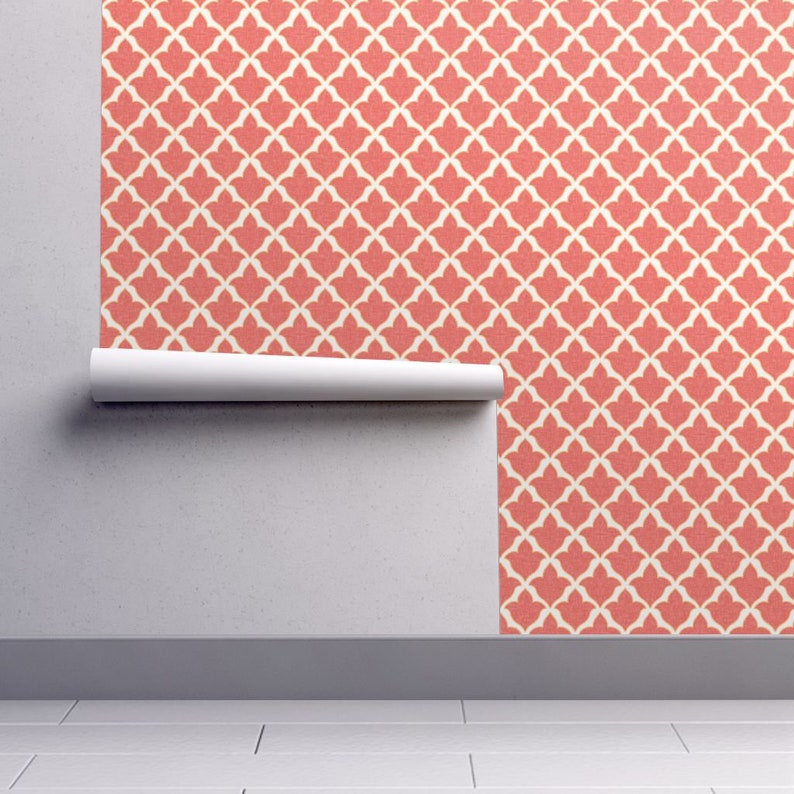 Fleur In Bright Coral By Willowlanetextiles Custom Printed Removable Self Adhesive Wallpaper Roll by Spoonflower Quatrefoil Wallpaper