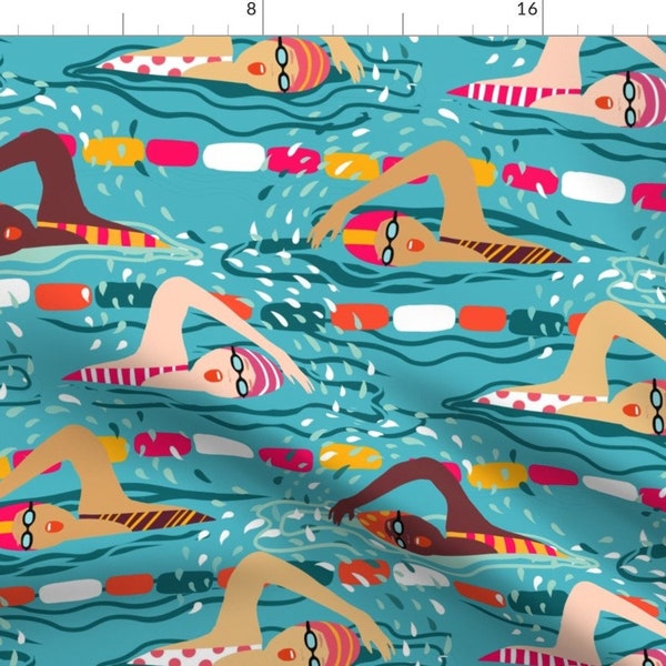 Swimmers Blue Pool Lanes Fabric - Freestyle Swimming Ladies // Blue By Miraparadies - Swim Cotton Fabric By The Yard With Spoonflower