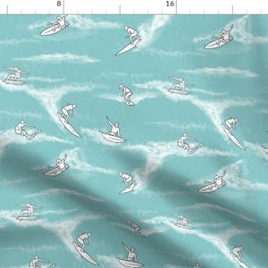 Surfing Fabric - Surfers On Light Blue By Landpenguin - Summer Surfing Ocean Waves Cotton Fabric By The Yard With Spoonflower