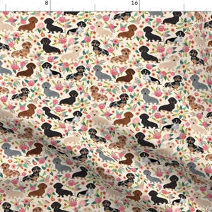 Floral Dachshund Fabric - Dachshund Floral Vintage Flowers Doxie Dog Dachshunds By Petfriendly - Cotton Fabric By The Yard With Spoonflower