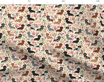 Floral Dachshund Fabric - Dachshund Floral Vintage Flowers Doxie Dog Dachshunds By Petfriendly - Cotton Fabric By The Yard With Spoonflower