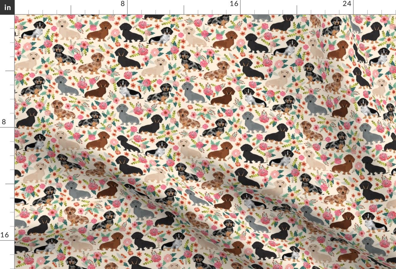 Floral Dachshund Fabric - Dachshund Floral Vintage Flowers Doxie Dog Dachshunds By Petfriendly - Cotton Fabric By The Yard With Spoonflower