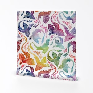 Rainbow Removable Peel and Stick Wallpaper -  Bright Fire Dragon Fantasy Watercolor   - Wall Art Wall Decor - Dragon Fire Rainbow by adenaj