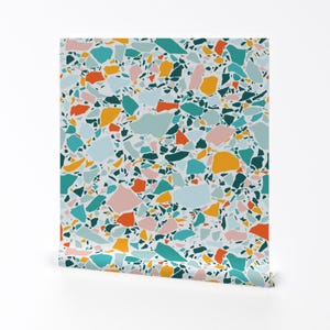 Bright Terrazzo Removable Peel and Stick Wallpaper - Aqua Orange Retro Geo - Wall Art Wall Decor - Modern Summer Terrazzo by evamatise
