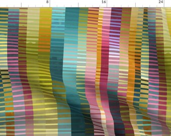 May include: Abstract geometric pattern with vertical stripes in shades of yellow, orange, teal, blue, pink, and purple. The stripes are arranged in a wavy pattern, creating a dynamic and modern design.