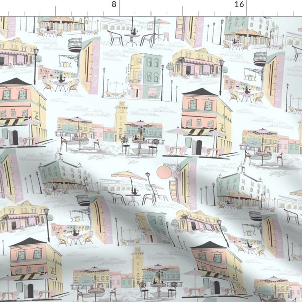 French Fabric - Le Petit Bistro By Fabric Rocks - Paris Kitchen Building Blue Tea Treats Cafe Cotton Fabric By The Yard With Spoonflower