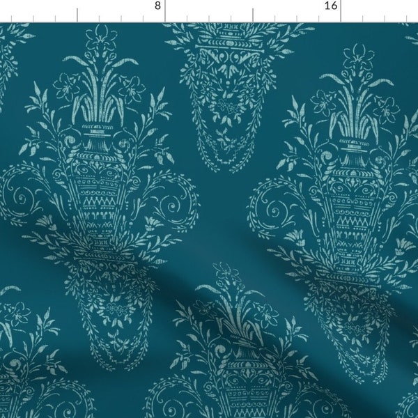 Teal Rococo Damask Fabric - Rococo Architectural By Kurull - Elaborate Baroque Ornamental Elegant Cotton Fabric By The Yard With Spoonflower