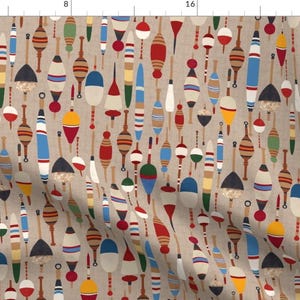 Retro Fabric - Fishing Bobbers Tan by shellypenko - Camping Lake Fishing Lake House Bobber Tackle Vintage Fabric by the Yard by Spoonflower