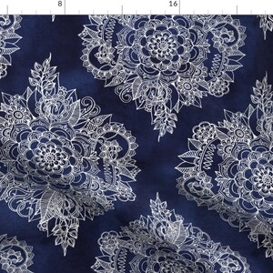 Indigo Fabric - Cream Floral Moroccan Doodle On Deep Indigo Ink By Micklyn - Indigo Moroccan Cotton Fabric By The Yard With Spoonflower