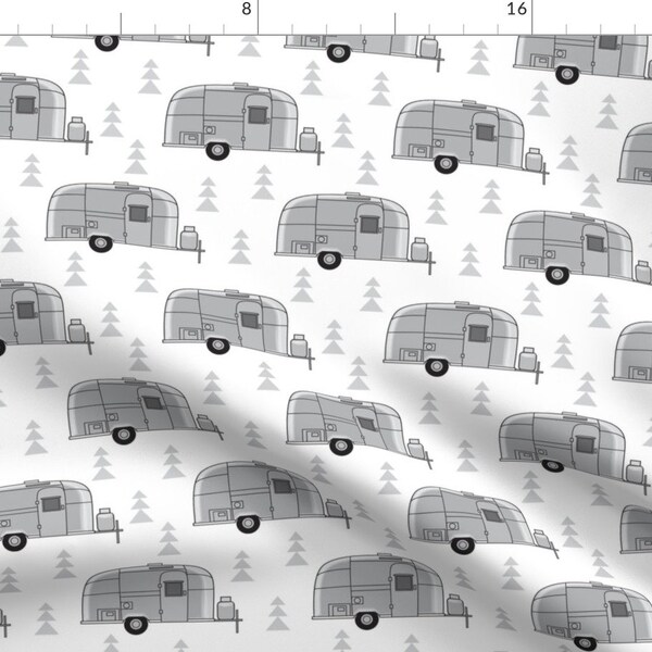 Gray Camper Trailer Fabric - Vintage Silver Trailer On White By Lilcubby - Camper Trailer Cotton Fabric By The Yard With Spoonflower