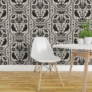 Goth Cottagecore Peel and Stick Wallpaper - Large Scale Folk Flowers - Removable Wall Decor Art - Cross Stitch Ravens by misentangledvision