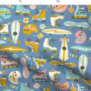 Sports Roller Skating Retro Fabric - Hot Wheels And Candy By Rebelform - Sports Skater Blue Cotton Fabric By The Yard With Spoonflower