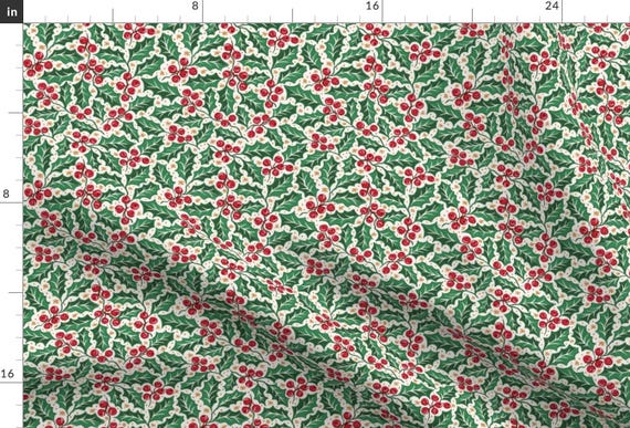 Winter Holly Fabric - Ditsy Christmas Holly by de_koro - Christmas Ditsy Small Scale Green Red Beige Fabric by the Yard by Spoonflower