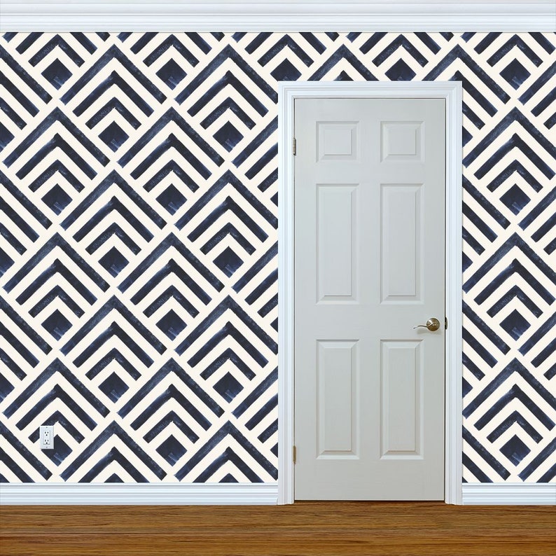 Feathered Diamond By Crystal Walen Indigo White Custom Printed Removable Self Adhesive Wallpaper Roll by Spoonflower Deco Wallpaper