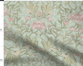 William Morris Fabric - Victorian Damask Foliage by bloomerydecor - Pink Teal Leaves Floral Christmas Vine Fabric by the Yard by Spoonflower