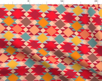Southwest Fabric - Sunny Quilt Repeat By Dessineo - Red Orange Navajo Aztec Tribal Western Trend Cotton Fabric By The Yard With Spoonflower