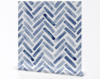 Chevron Wallpaper - Inidgo Blue Painted Chevron By Erin Kendal -Blue White Herringbone Removable Self Adhesive Wallpaper Roll by Spoonflower