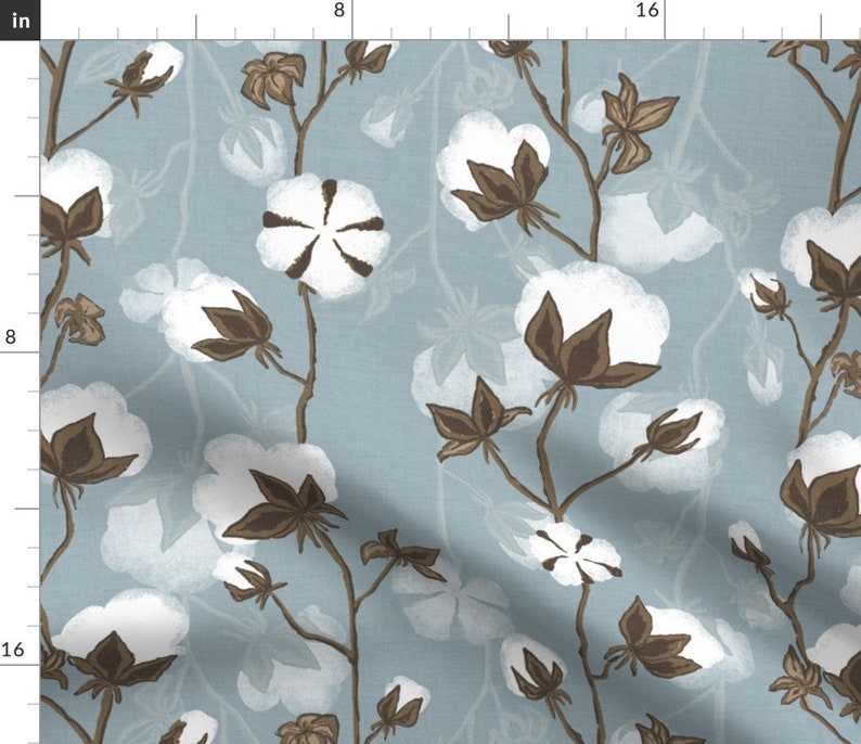 Cotton Plants Blue Pattern Fabric Cotton Pods by Art - Etsy